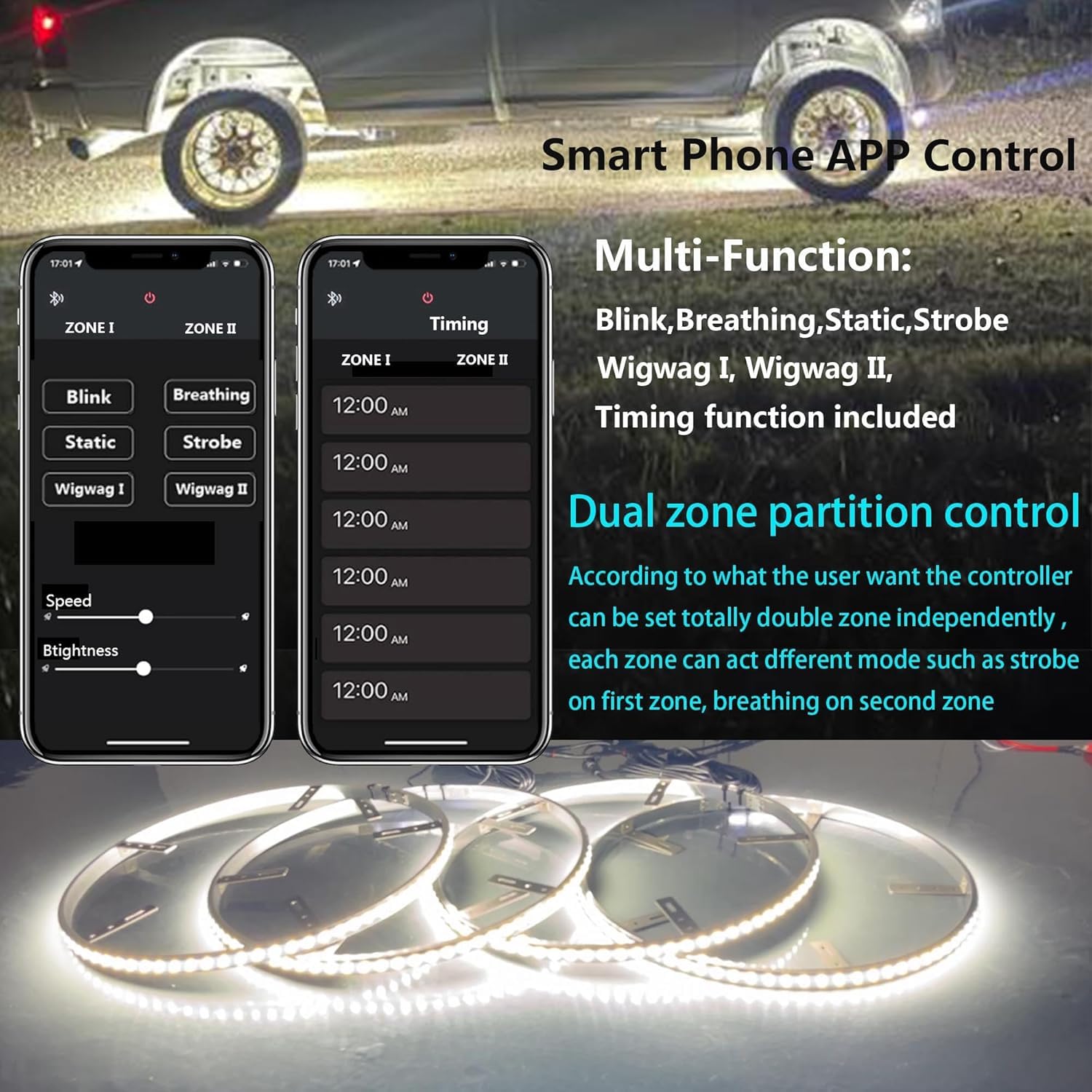 NBWDY 17in Double Row White Wheel Ring Lights Waterproof Pure White LED Wheel Well Rim Tire Lights with APP Wireless RF Remote Control for Truck Car SUV Pickup (624leds)