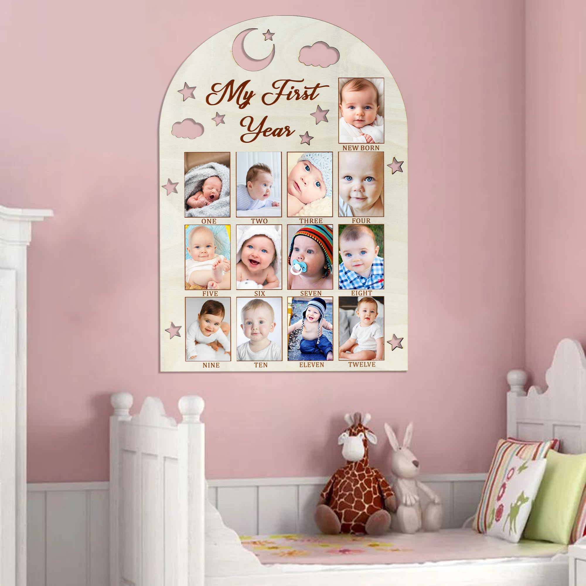Tableau photo en bois My First Year avec découpe 3D pour bébé de 12 mois, cadre photo pour décoration de premier anniversaire de fille/garçon, tableau photo en bois, tableau photo important