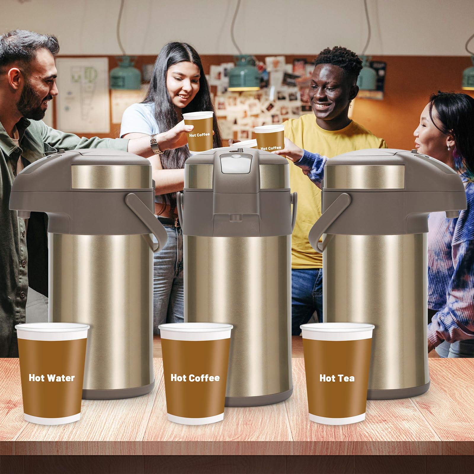 Thermos da 3,0 litri, in acciaio inox, a doppia parete, con meccanismo di pompa, caraffa per caffè, caraffa per 16 tazze (oro)