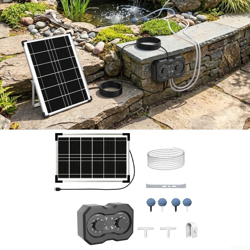 Solar-Teichbelüfter mit Batterie-Backup – Einstellbare Luftleistung Sauerstoffpumpe für Aquarien & Gärten – Wasserdichtes Outdoor-Belüftungssystem mit Metallhalterung