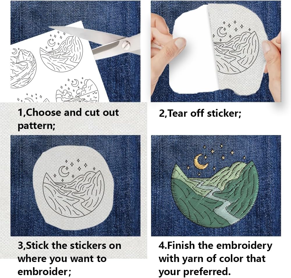 BENECREAT 4 Sheets 24pcs Water Soluble Embroidery Patterns, Natural Scenery Forests Stitch Embroidery Paper Water Soluble Stabilizers for Carves, Shirts, Coats, Bags, Towels