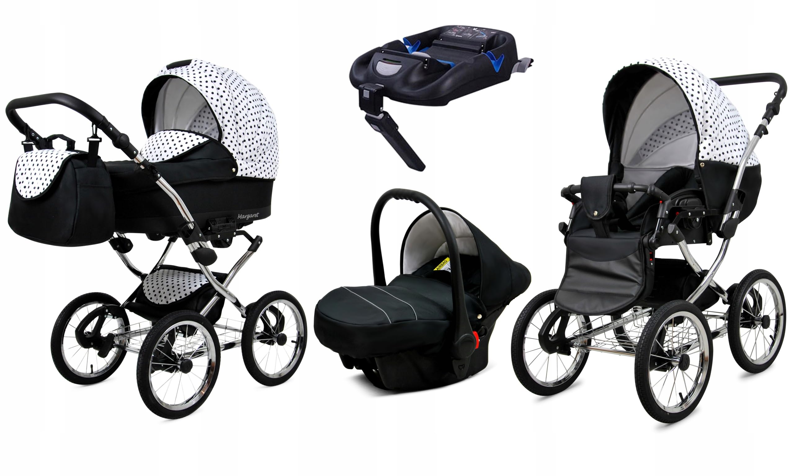 BabyLux Zestaw wózków dziecięcych 4 w 1 – Margaret Exclusive – w zestawie wanienka dla niemowląt, fotelik sportowy, fotelik samochodowy, stacja bazowa ISOFIX – fotelik samochodowy – zestaw wózków