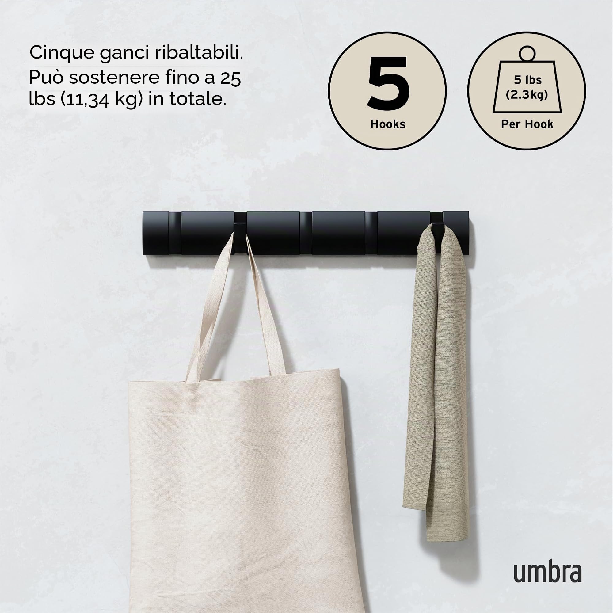 Umbra Flip 5 ganci appendiabiti, moderni, semplici e salvaspazio, con 5 ganci mobili per giacche, cappotti, sciarpe, borse e altro, nero