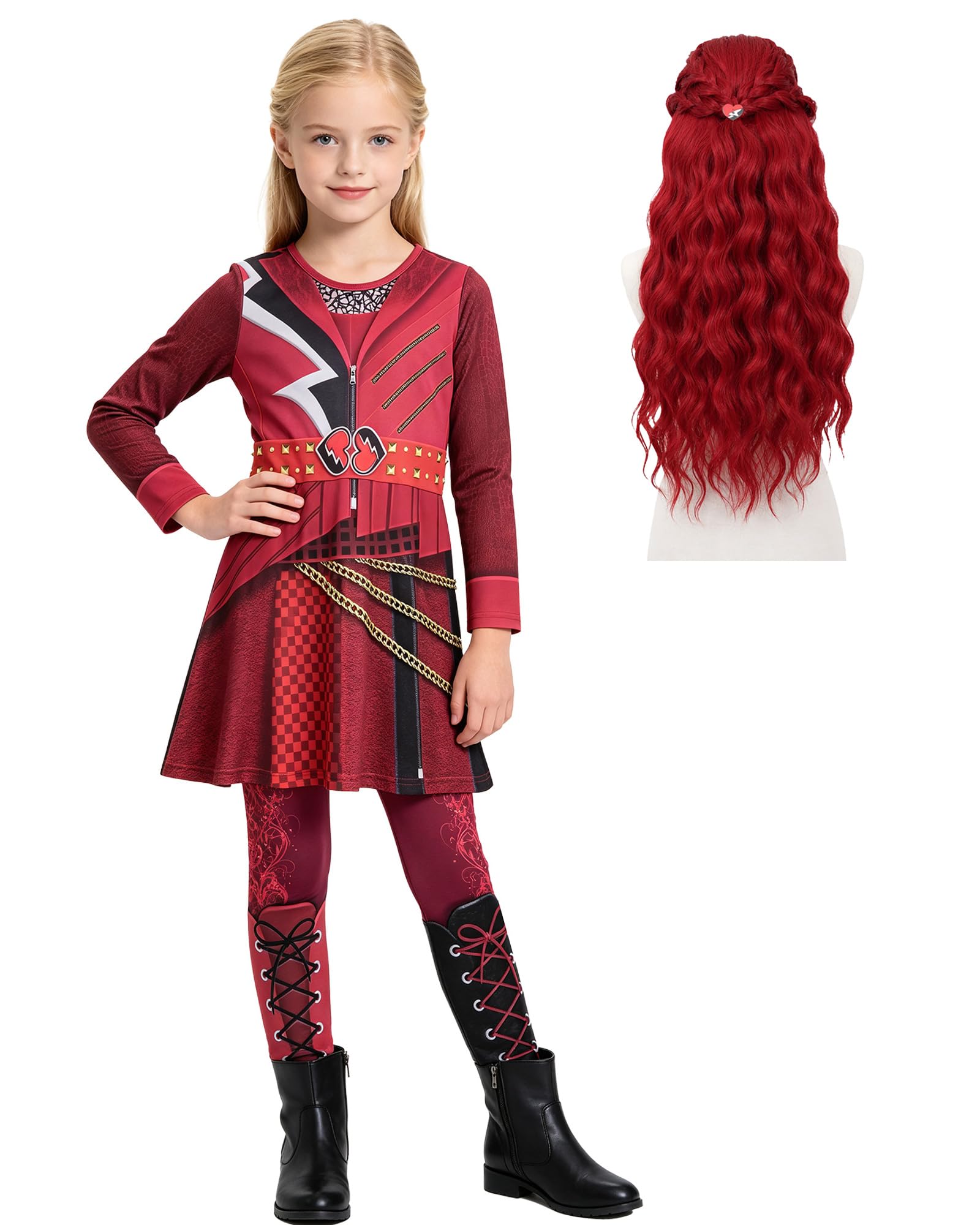 Red Wonderland Costume with Wig Girls Princess Dress for Kids 5-12 Years