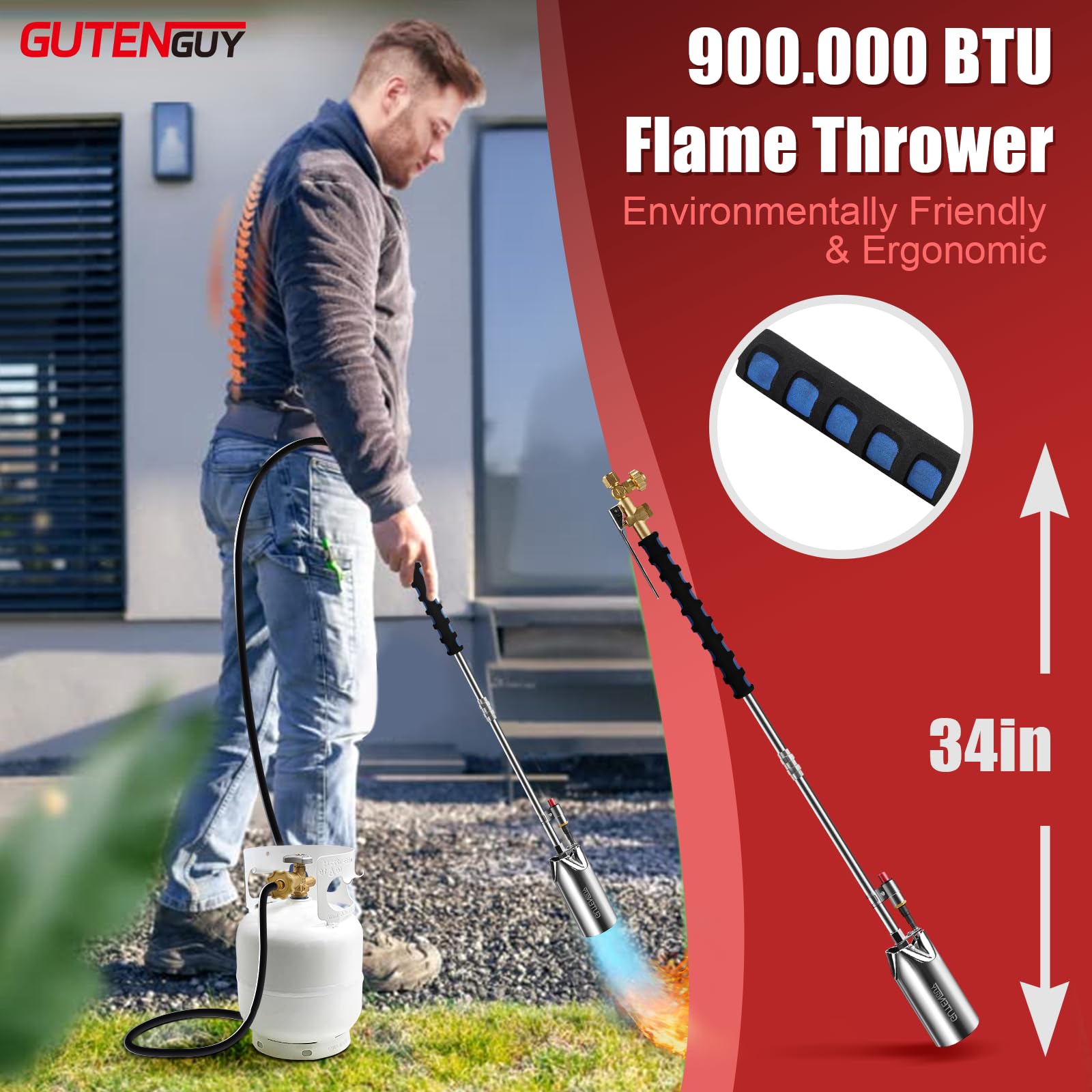 Gutenguy Portable Propane Torch Burner Weed Torch with Storage Bag, High Output 1,280,000 BTU Blow Torch with 10FT Hose, Heavy Duty Flame Weeder with Igniter for Garden Wood Roofing Snow Road Charcoal