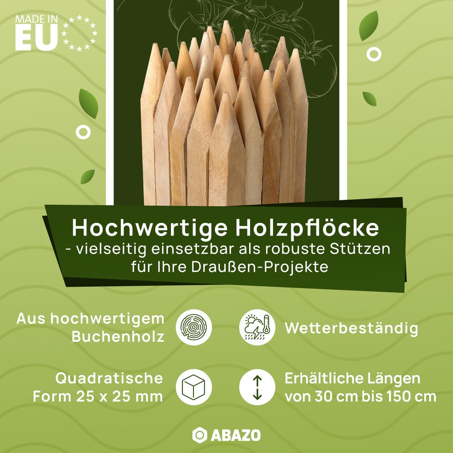 Holzpfähle Quadratisch 25 Stück – Länge 120cm – 25 x 25 mm Holzstäbe aus Buchenholz – Pflanzenstütze und Pflanzstäbe für Gartenarbeiten, Beetmarkierung und Leichten Gartenzaun