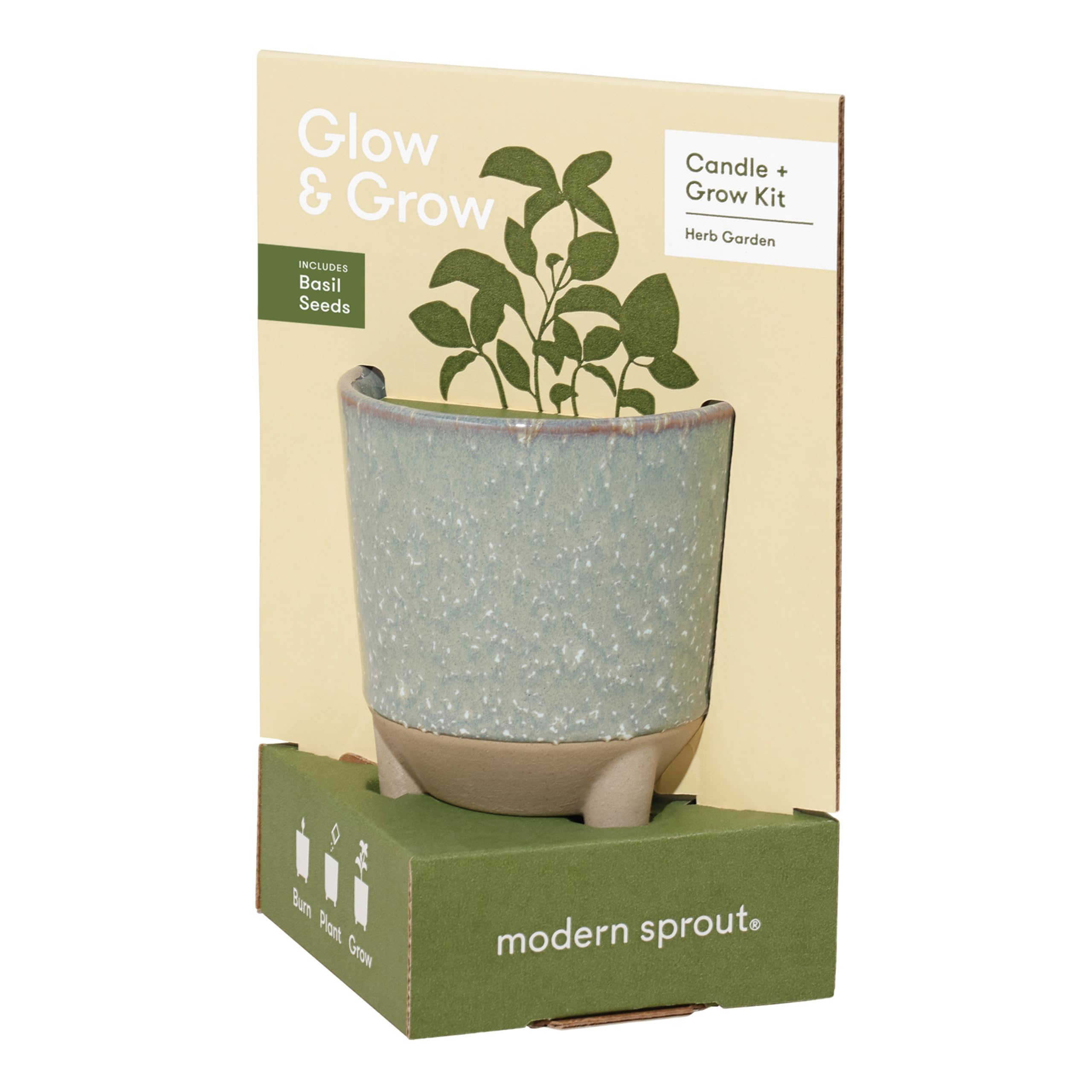 Modern Sprout Glow and Grow Kit – 2-in-1 Duftkerze, die zu einer Basilikumpflanze wächst, 340 ml Soja-Kerze mit 78 Stunden Brenndauer im Glasur-Keramikgefäß – Kerzen-Pflanzgefäß, ideal für