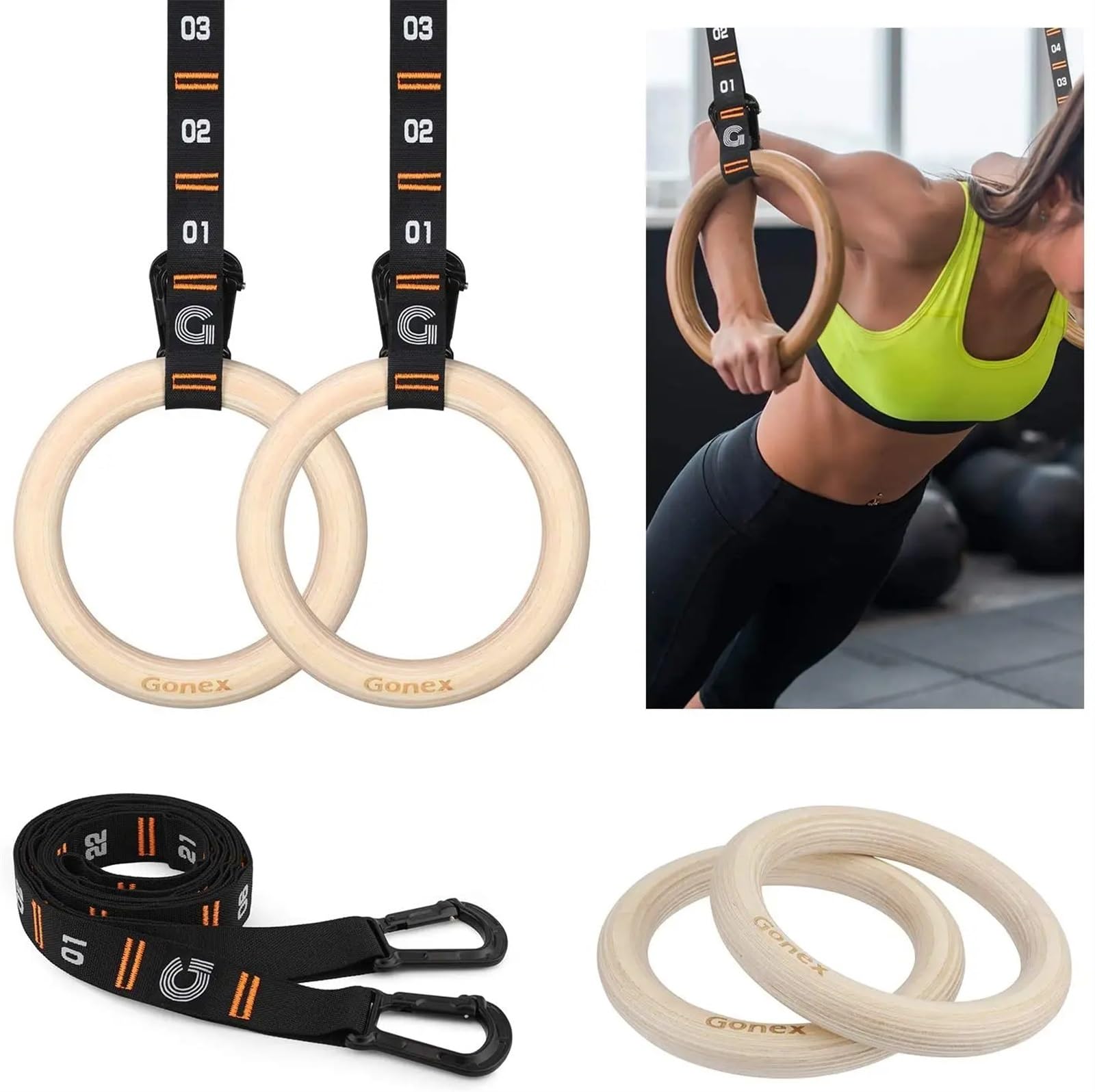 Anillas Gimnasia Anillos de Gimnasia de Madera de 28 mm/32 mm con Correas numéricas Ajustables Anillos Antideslizantes for dominadas for Entrenamiento(28MM)