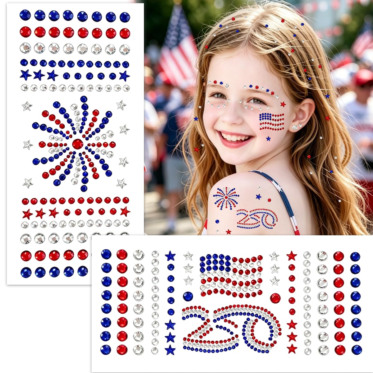 Mysense 4th of July Face Gems Stickers, Red White Blue Rhinestone Face Jewels, 250th Anniversary Flag & Fireworks, Self-Adhesive for Women’s 4th of July Outfits, Makeup & Party Accessories Flag & 250th Anniversary Face Gems