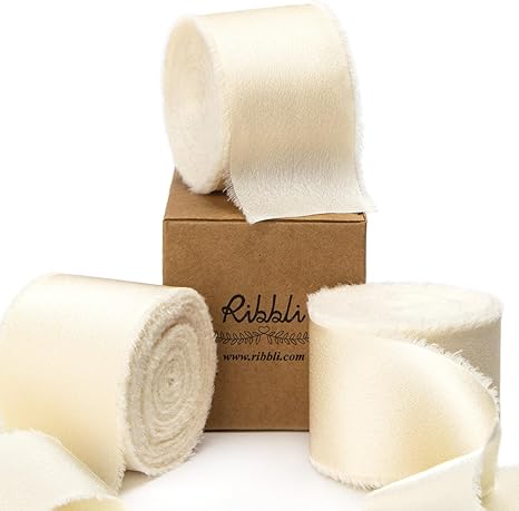 Ribbli Ivory Silk Satin Ribbon 1.5 Inch x 30 Yard Handmade Frayed Chiffon Cream Ribbon for Gift Wrapping Wedding Invitations Bridal Bouquets Home Decor