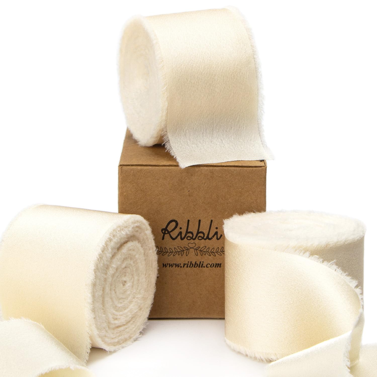 Ribbli Ivory Silk Satin Ribbon 1.5 Inch x 30 Yard Handmade Frayed Chiffon Cream Ribbon for Gift Wrapping Wedding Invitations Bridal Bouquets Home Decor