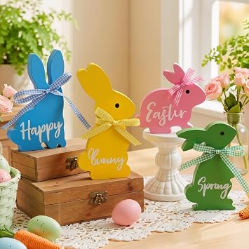 Olanrun Easter Decor, 4 Pcs Bunny Spring Easter Decorations for Home Office Table, 56.4 Inches Wood Rabbit Easter Decorations Sign with Ribbons for Tiered Tray Mantel Shelf, Farmhouse Party Supplies