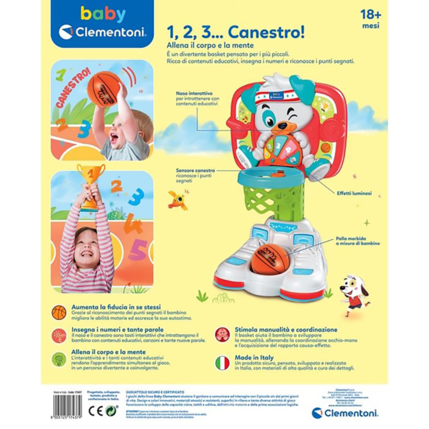 Clementoni Baby 1,2,3 Canestro Basket, Giocattolo Elettronico con Luci e Suoni Bambini 18+ Mesi, Impara Numeri e Colori e Sviluppa la Motricità, Palla Inclusa, Made in Italy, Lingua Italiana, 17437