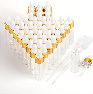 Easeen 50 Pcs Sample Dropper Bottles, 5ml Clear Mini Dropper Bottles with 2 Pcs Plastic Droppers for Traveling Essential Oils DIY Cosmetic Liquid Sample Perfume
