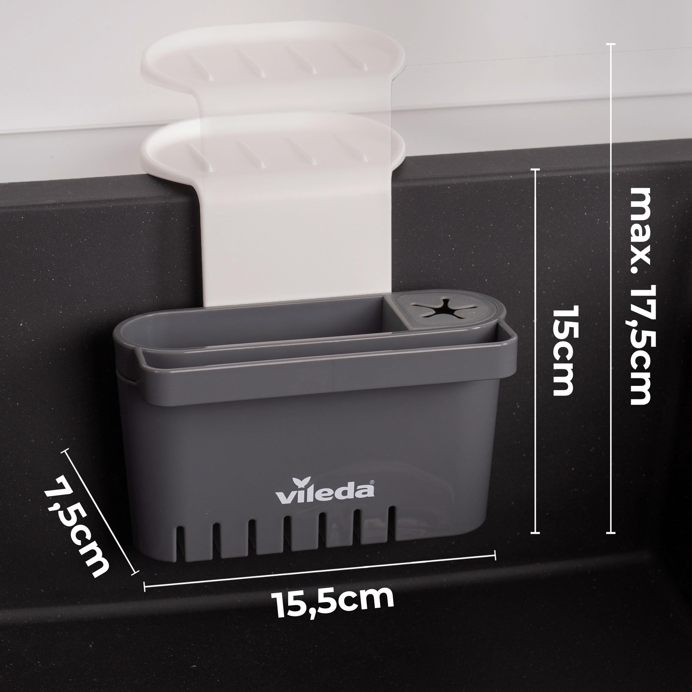 Vileda Portaspugna per Lavello con Ventosa – Organizer Lavandino Senza Foratura per Spugne, Spazzole e Detersivo – Drenaggio Acqua – Grigio Scuro
