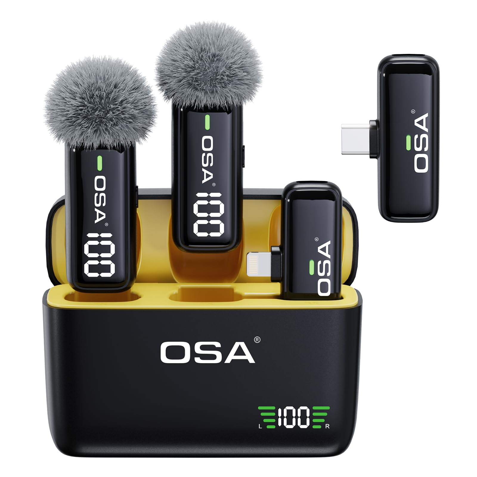 OSA Lot de 2 Microphones Lavalier pour téléphone avec étui de Chargement et émetteur Affichage numérique – pour iPhone, iPad, Android, Enregistrement, Enregistrement vidéo Professionnel