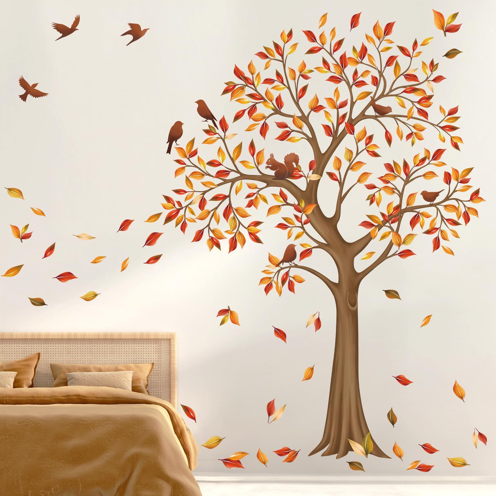 decalmileLarge Tree Autumn Wall Decals Flying Fall Leaves Birds Wall Decals Bedroom Living Room Sofa TV Background Wall Decor