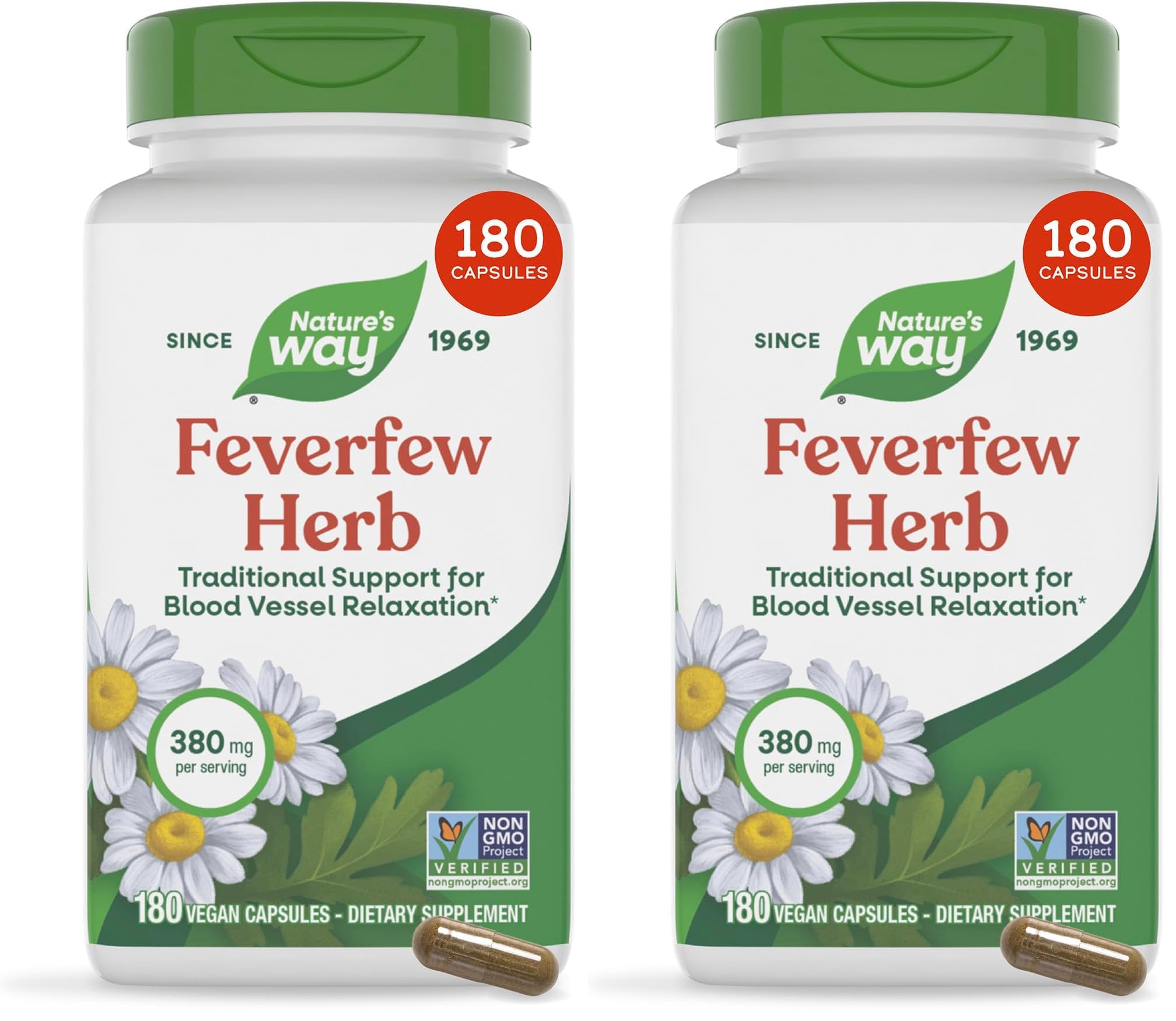 Nature's Way Feverfew Herb,Traditional Support for Blood Vessel Relaxation*,380 mg per Serving,Non-GMO Project Verified,180 Vegan Feverfew Capsules (Packaging May Vary),(Pack of 2) 180 Count (Pack of 2)
