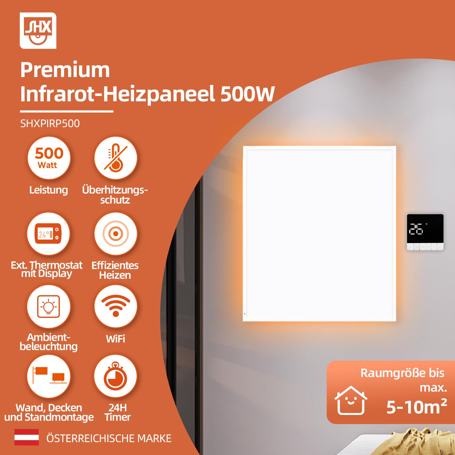 SHX Premium Infrarot Heizung mit WIFI 500W, 5-10 qm, Decken- oder Wandmontage, Standgerät, dimmbare Ambiente Beleuchtung, Fernbedienung, Fenstererkennung, LED Display, Carbon Crystal PET Oberfläche