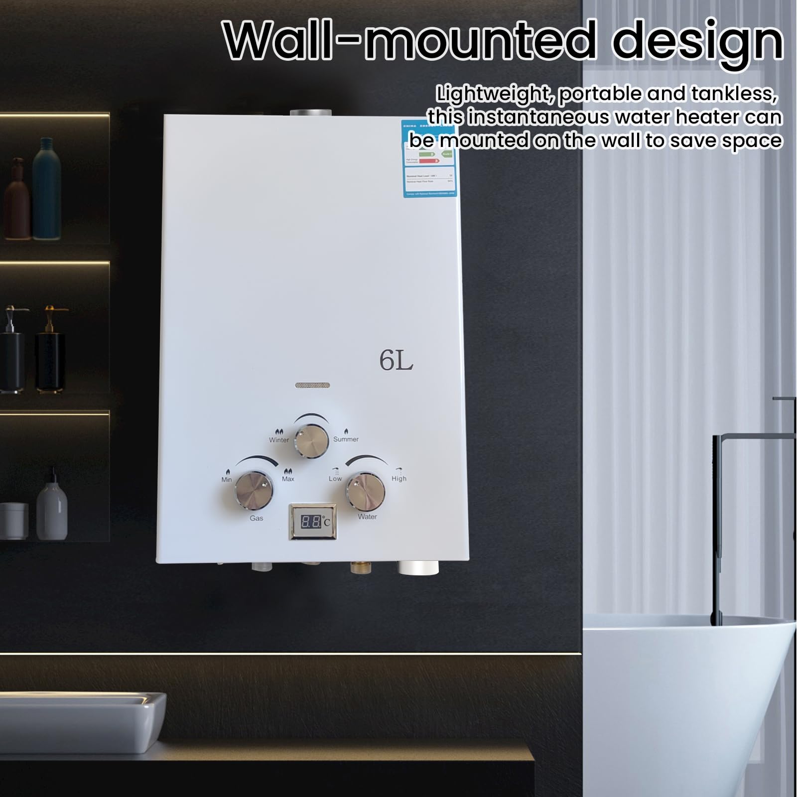 Calentador de Agua de Gas,6 L Calentador de Agua Butano Instantáneo | Pantalla LED,Modo Invierno y Verano Ajustables,2800 Pa,12 KW,Adecuado Para el Hogar, Vehículos Recreativos y Exteriores