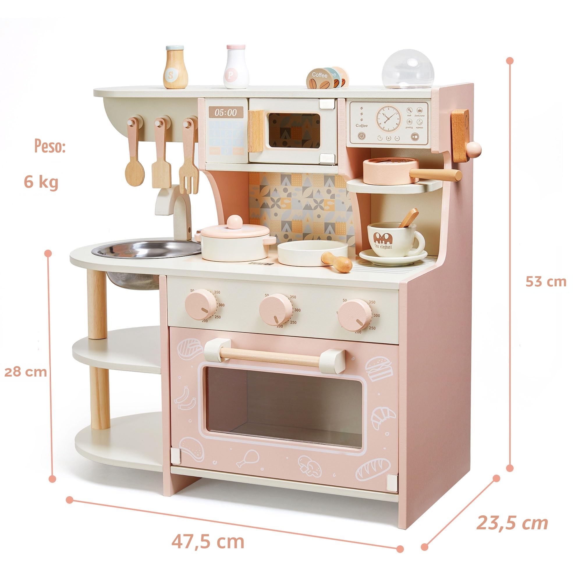 Cucina giocattolo per bambini, giocattoli in legno per bambini, set da gioco con caffettiera, accessori da cucina, regalo per ragazze e ragazzi dai 3 ai 6 anni