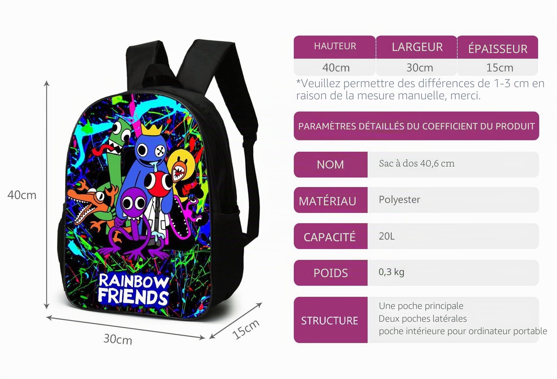 Lot de 3 sacs à dos arc-en-ciel avec porte-clés, 40,6 cm imprimé en 3D, sac à déjeuner haute capacité, cartable pour garçon et fille.