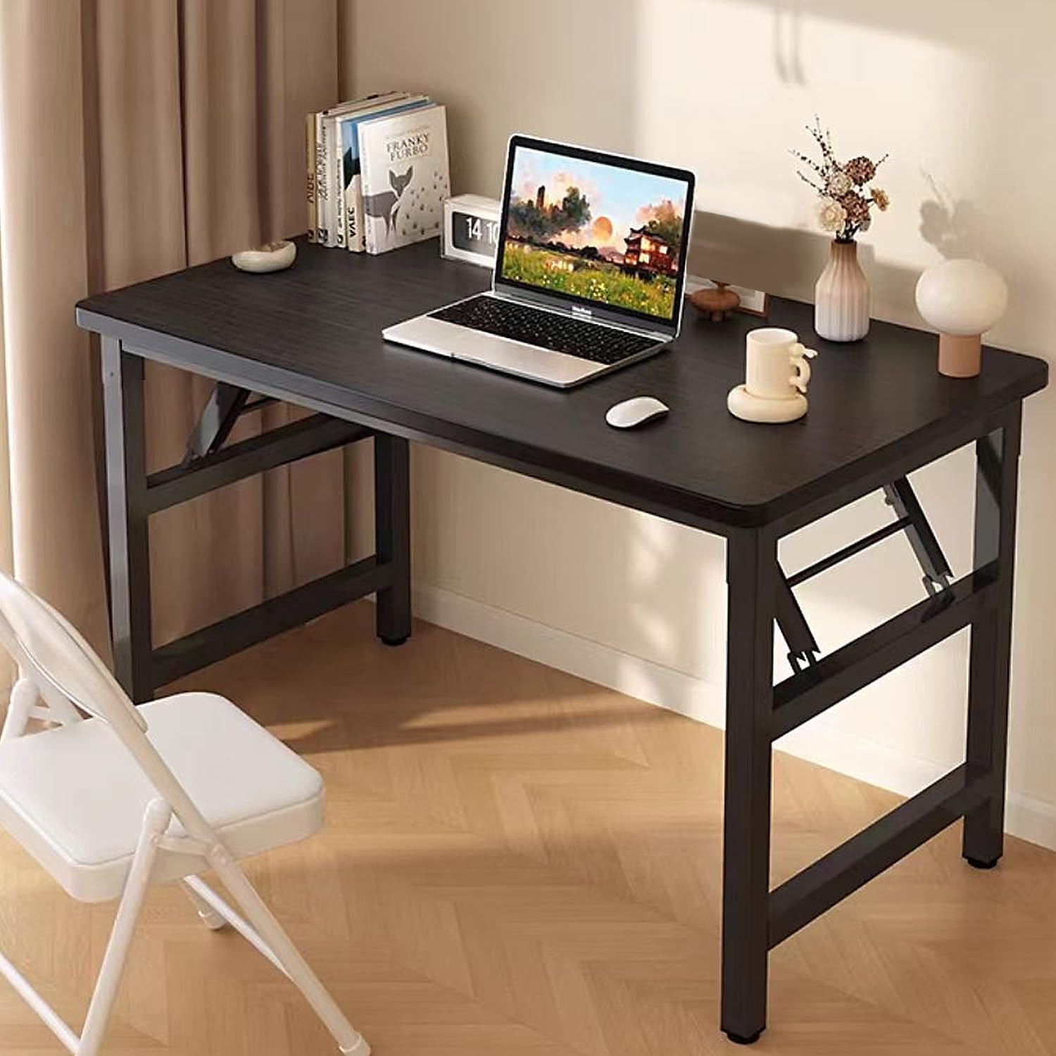 HDOFM 47.2 Inch Folding Table，Square Folding Desks for Small Space,Small Foldable Desk No Assembly,Black.