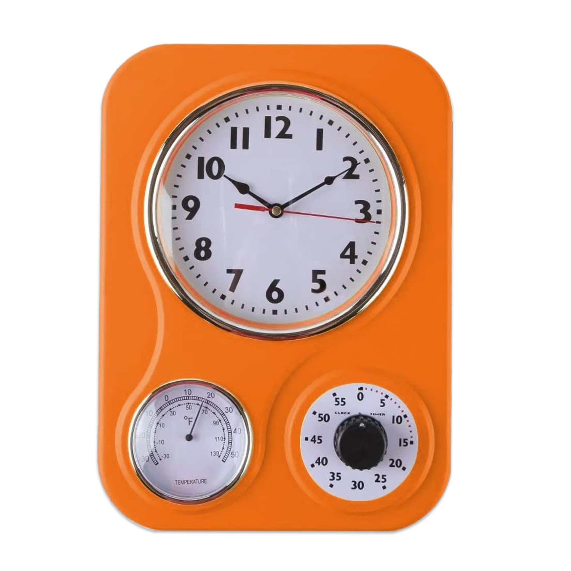 Lily's Home - 9.5 Inch x 12.5 Inch - Retro Kitchen Wall Clock, Vintage Wall Clock with a Thermometer and 60-Minute Timer, Ideal for Any Kitchen, Office, or Diner (Orange)