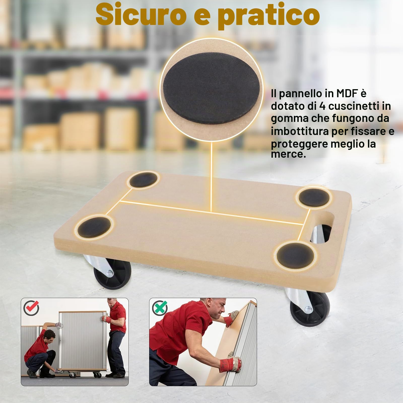 UISEBRT 2 rotelle per il trasporto, 580 x 290 x 108 mm, MDF, Doppio piatto, Carrello per il trasporto, Portata 200 kg