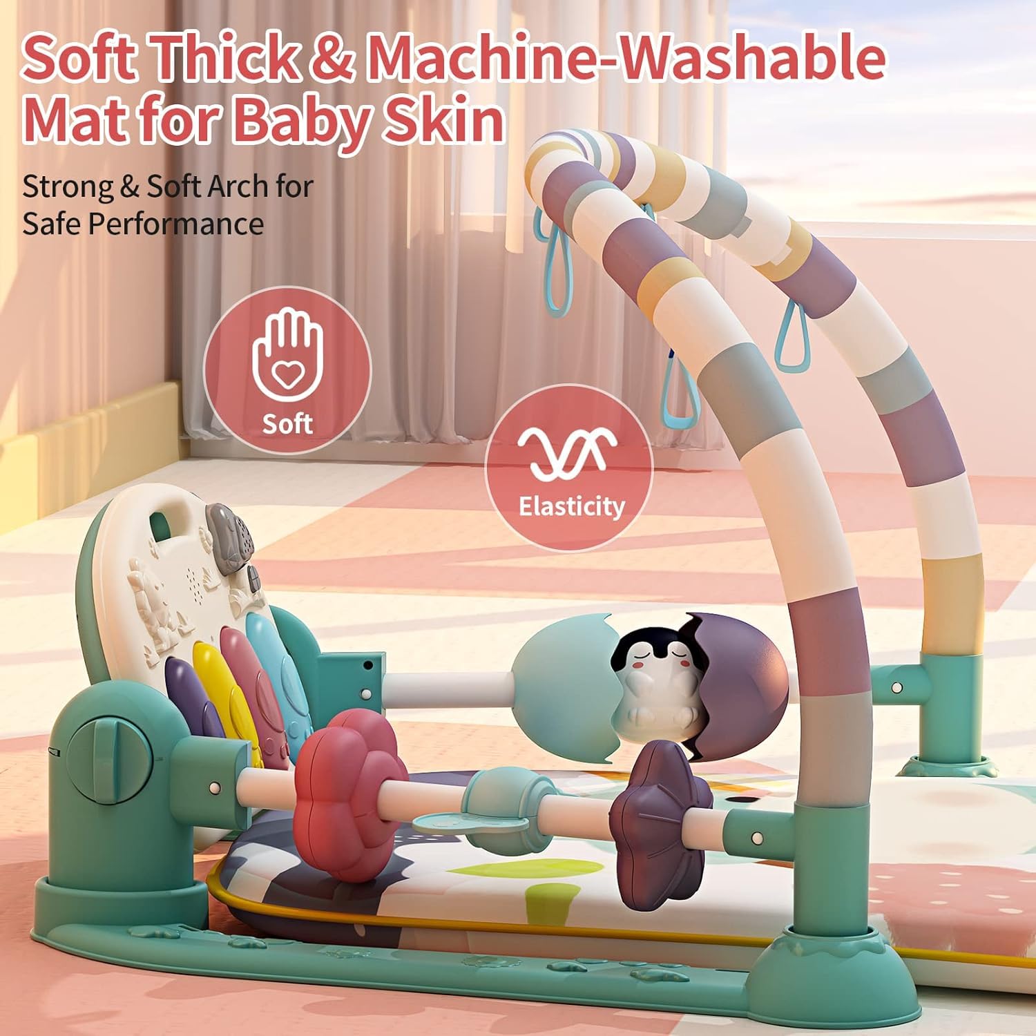 Palestre per Bambini Tappetini da Gioco con Pianoforte, Tappeto per Gattonare con Musica e Luci, Tappeto per Bambini con Arco di Gioco e 5 Giochi per Bambini Rimovibili, Regalo per Neonati 0-36 Mesi