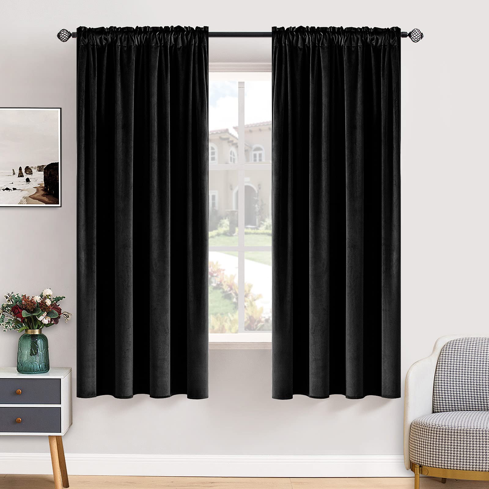MIULEE Black Blackout Velvet Curtains Drapes 63 Inch Long 52"x63" Bedroom