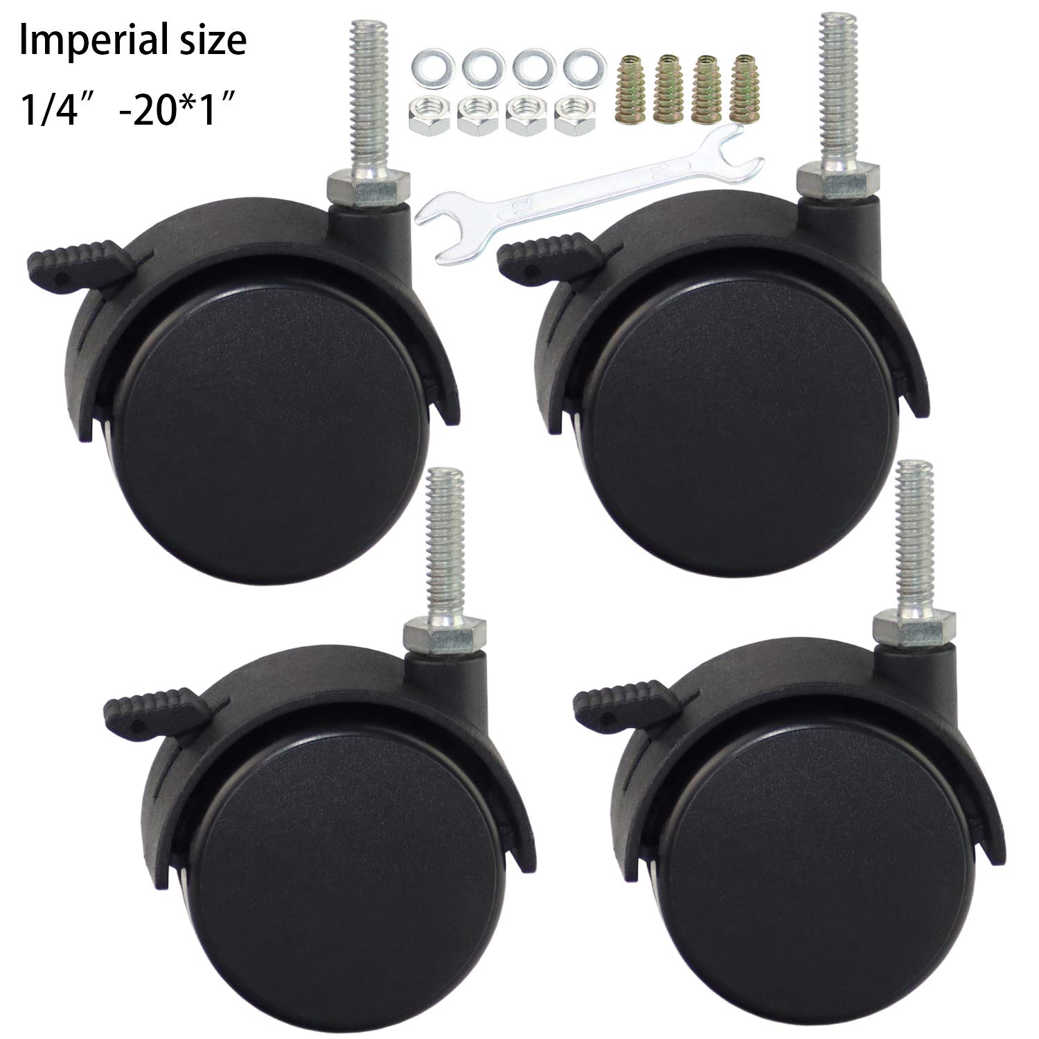 Ruote per Ripiani da 2", Nere, con Perno Girevole e Filettatura Imperiale da 1/4" - 20 x 1, Ideali per Piccoli Ripiani e mobili, Confezione da 4 (con Freno).