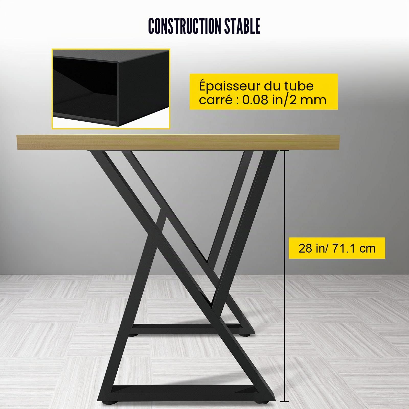 VEVOR Pieds de Table en métal, 71,1x45,7 cm, Pieds de Bureau, Lot de 2, Pieds de Meubles Forme Z, Pieds de Table Basse, Bricolage à Domicile pour Table à Manger avec Protections de Sol en Caoutchouc