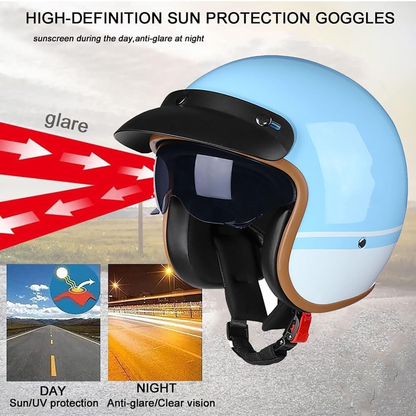 Moto Casque Bol Open Face Classic Sun Casque Moto Jet Vintage avec Visière, Casques Vintage à Face Ouverte,ECEDOT Homologué en pour Scooter Chopper - Casque De Moto Homme Et Femme Pilot(9,L=59~6