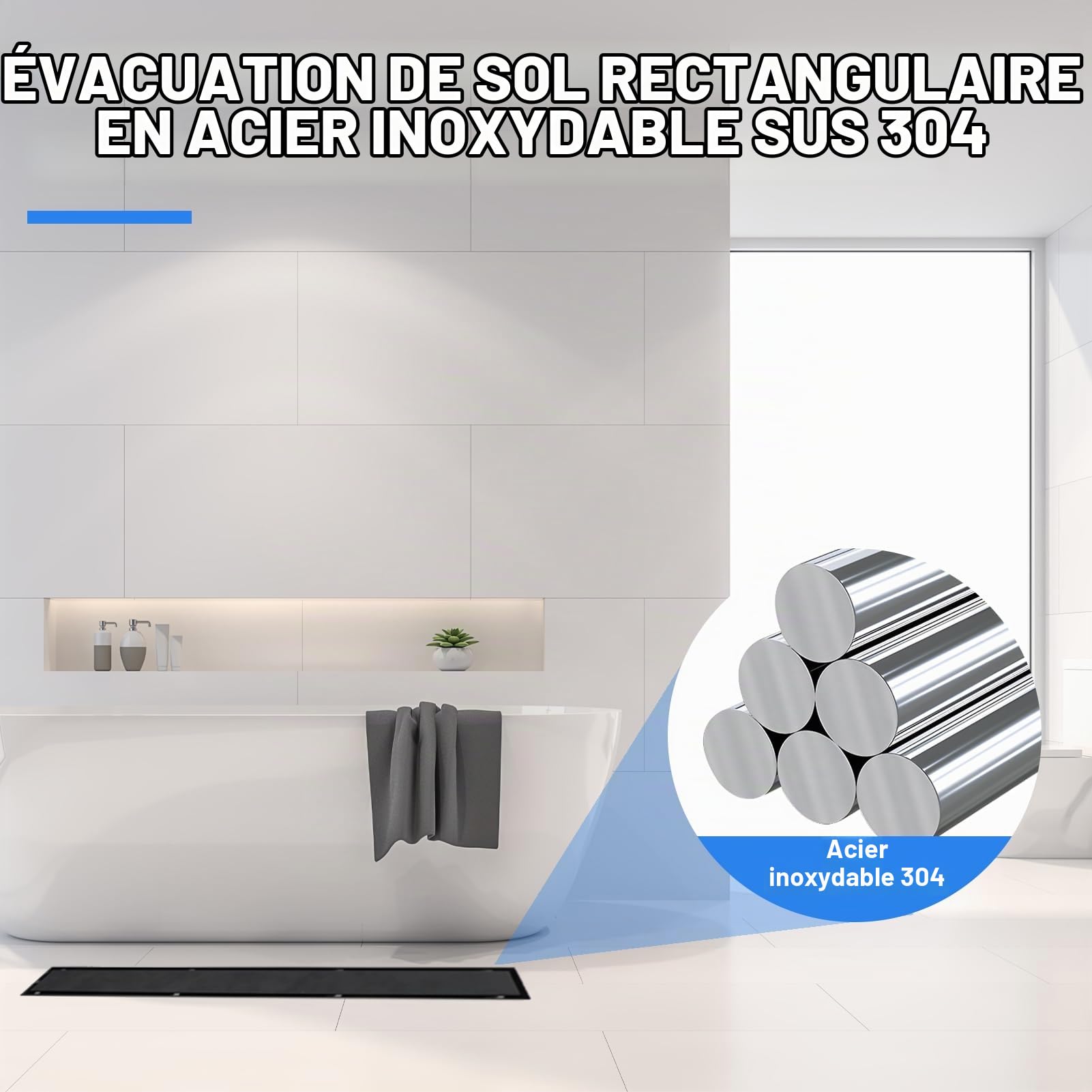 24in Caniveau Douche Italienne, 2 en 1 Caniveau Douche, drain de plancher de douche en acier inoxydable 304, avec grille, pieds de nivellement amovibles, filtre à cheveux (Noir mat)