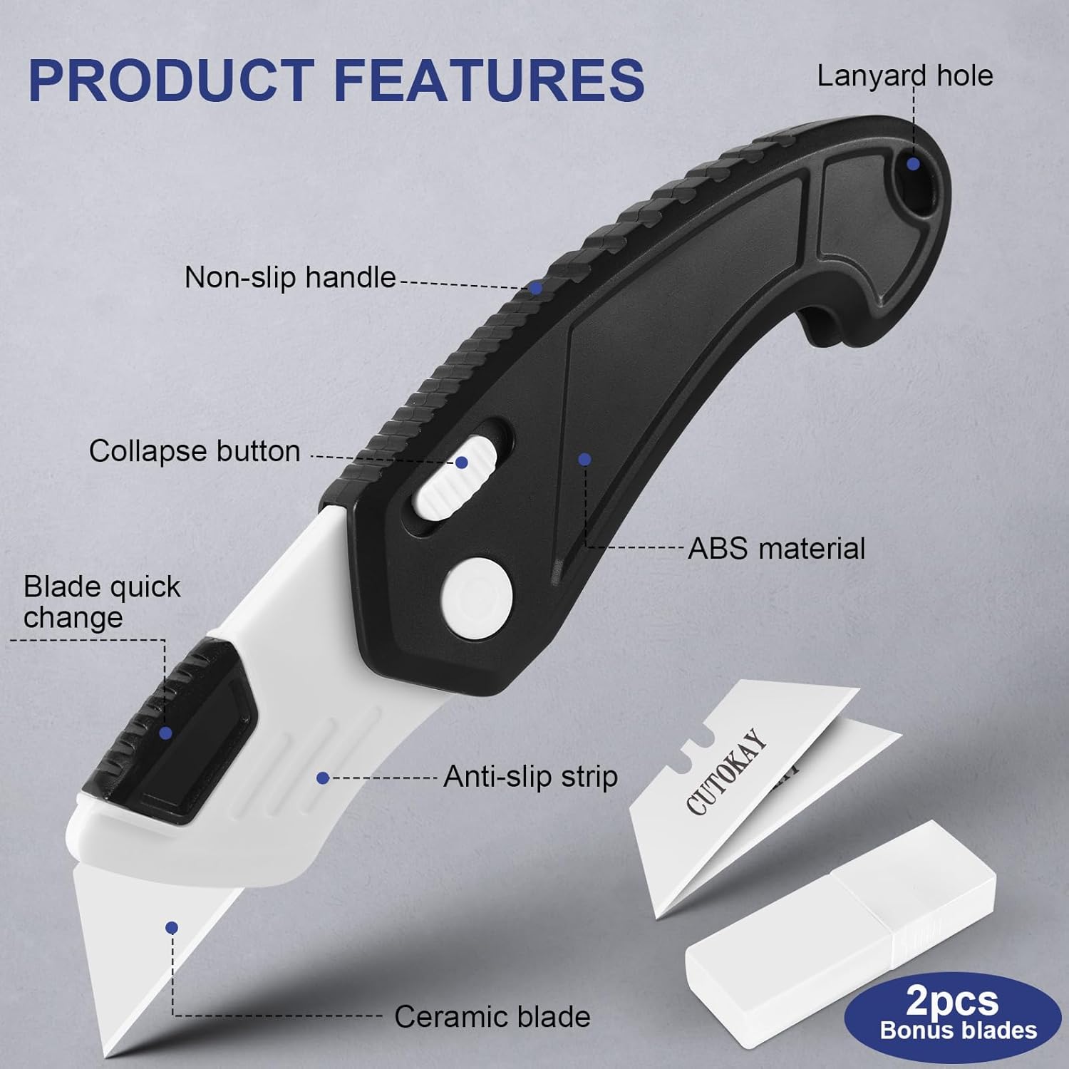 Utility Knife with 2 extra Ceramic Blades, Ultra Lightweight Plastic Handle Box Cutter, Pocket Folding Knife for Men