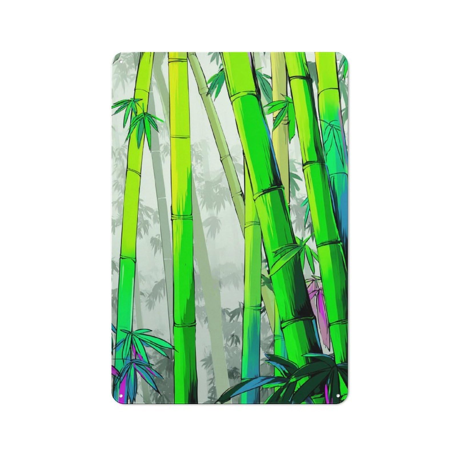 Retro Metal Sign with Bamboo Forest Illustration Design 30x20cm, Distressed Look Retro Room Decor for Living Room, Hallway, Kitchen Or Cafe