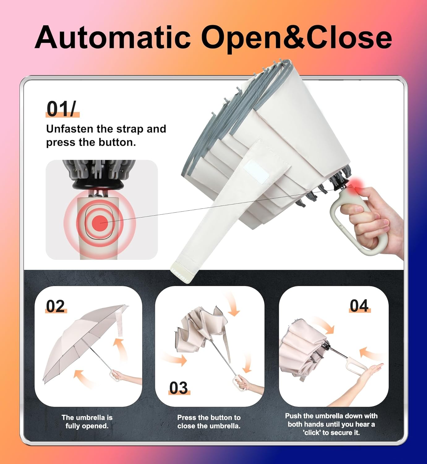 QWB TUMAAOTU Inverted Umbrella with Carabiner Handle, Compact Wind Proof Umbrellas For Rain and Sun Protection, Portable Reverse Folding Umbrella, Car Umbrella for Women Men, 10 Ribs - Image 5