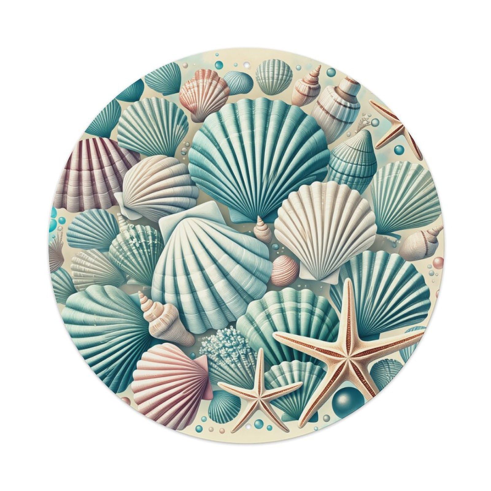 Seashell Starfish Pearl Ocean Pattern Round Tin Sign Retro Metal Sign for Cafe Bar Pub Home Game Room Gym Club Wall Decoration Vintage Metal Poster 8x8 Inch