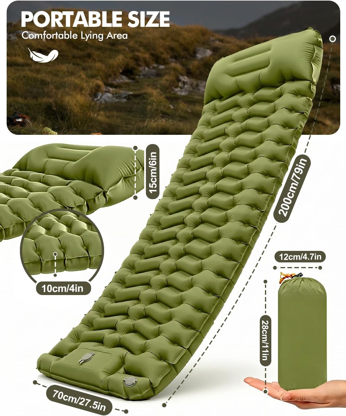 Camping Sleeping Pad, Inflatable Camping Mattress Pad with Built-in Pillow & Foot Pump, 4 Inch Thick Ultralight Sleeping Air Mattress for Backpacking, Hiking, Traveling, Tent Camping - Olive Green