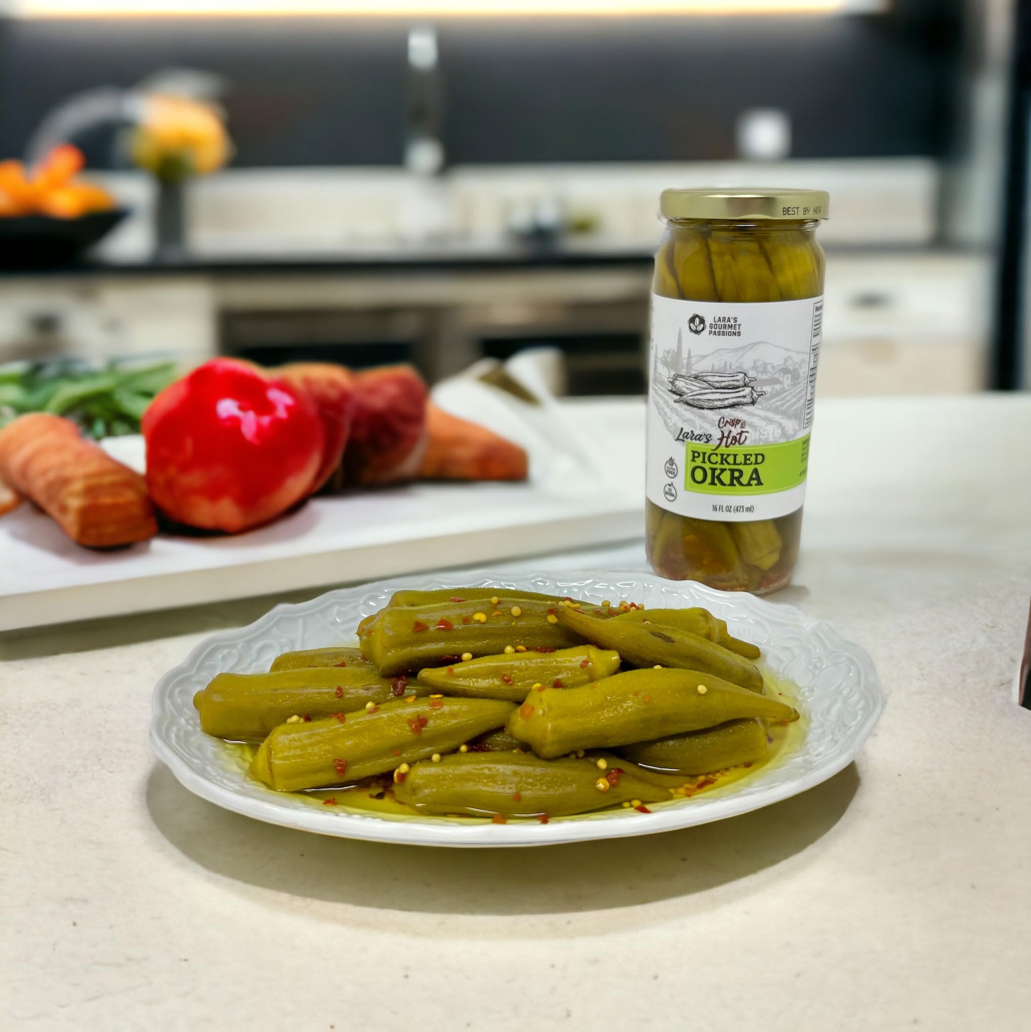 Lara's Crisp and Hot Pickled Okra – (Pack of 1, 16 fl oz) – Zesty Southern Style Spicy Okra, Ideal for Charcuterie Boards, Gourmet Snacks, and Cocktails – Gluten-Free, All-Natural, Vegan-Friendly