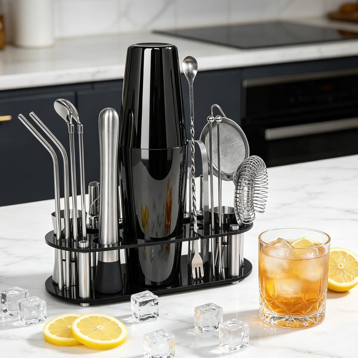 Juego de coctelera de 22 piezas, kit de camarero de 27/20 onzas, juegos de herramientas de bar de acero inoxidable para mezclar bebidas, coctelera Boston con soporte folleto de recetas (negro-27-20
