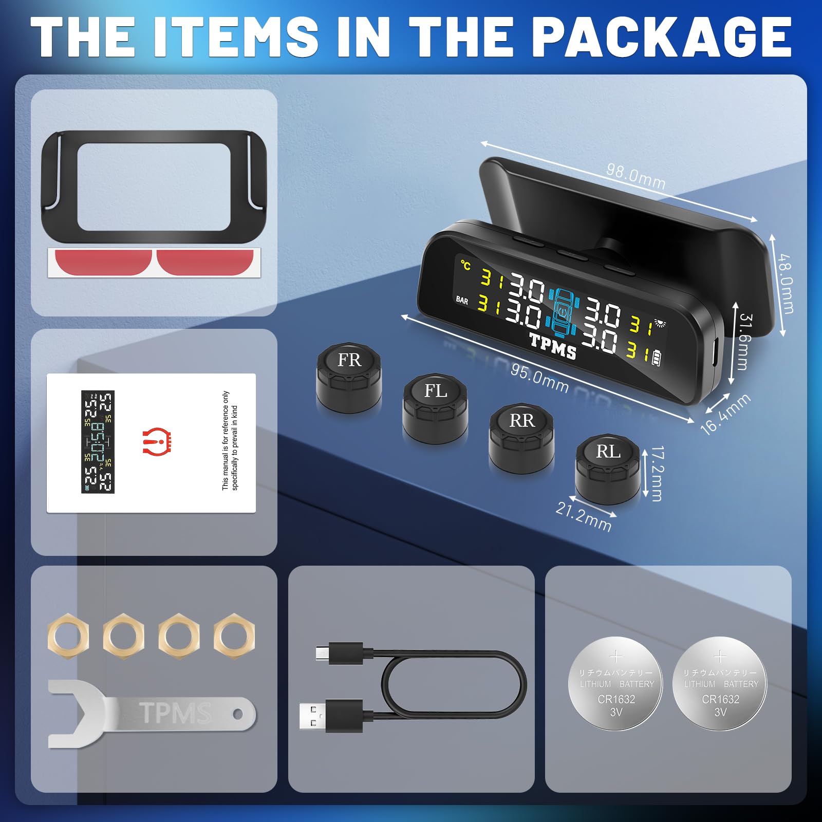 0-3.5bar TPMS SystèMe De Surveillance De La Pression des Pneus Solaire sans Fil & Chargement USB, 5 Modes D’Alarme, 4 Capteur Externe De Pression des Pneus, Universel pour Les Voitures Vans