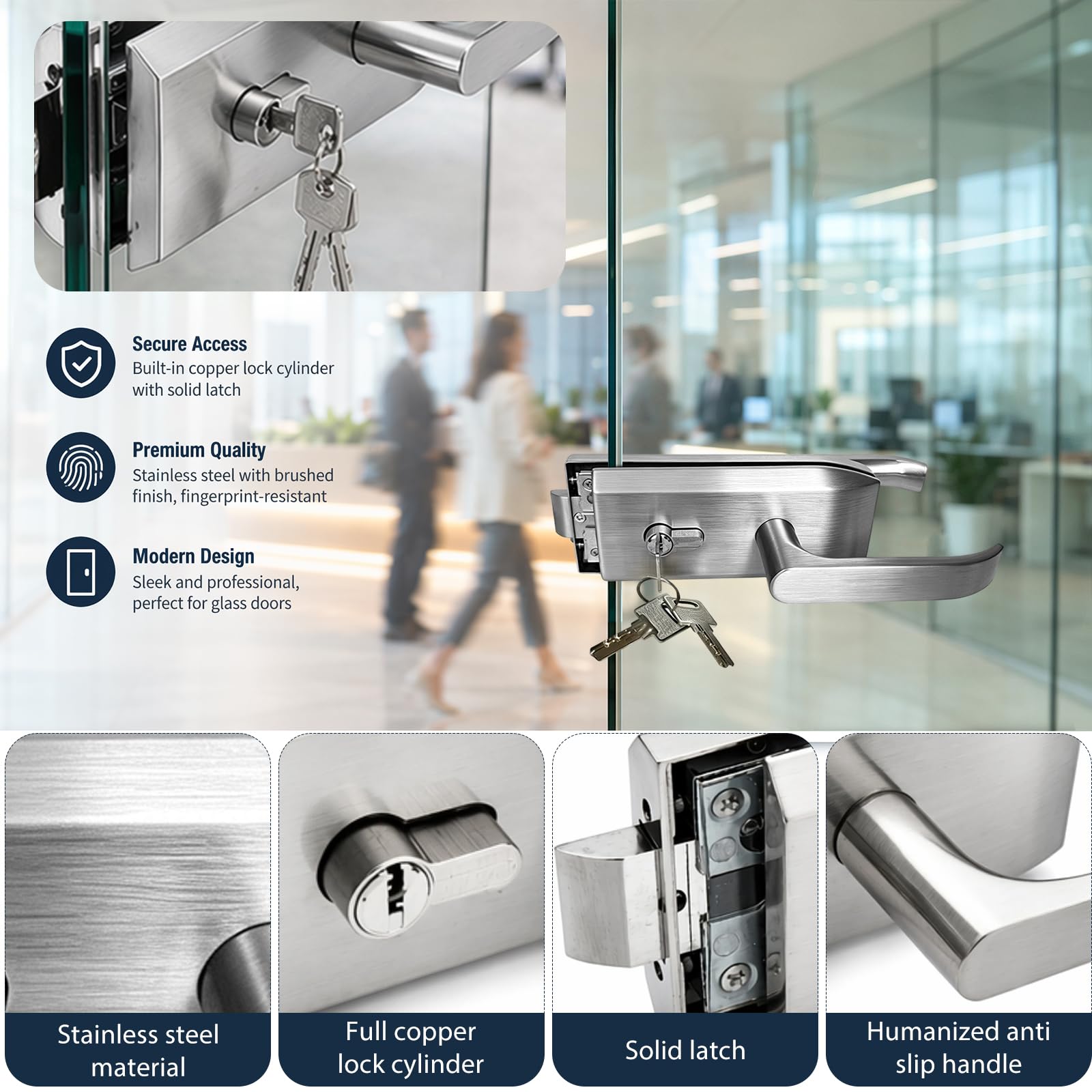Serrure de porte en verre en acier inoxydable avec poignée coulissante et 3 clés pour bureau, salle de bain, balcon, ferrure de porte en verre pour épaisseur de verre de 8 à 12 mm, espace de