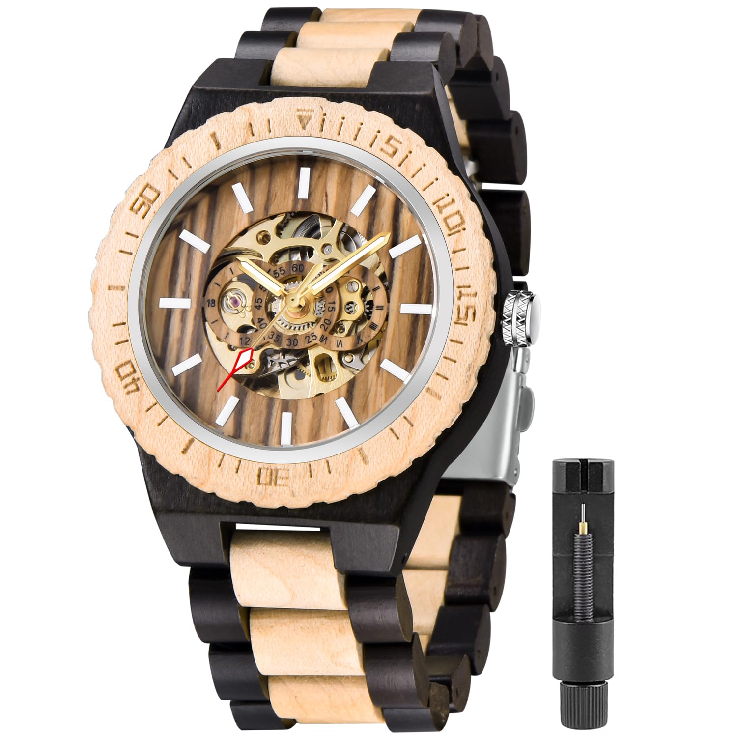 Tiong No Battery Fashion Mechanical Wooden Watch for Men, Mechanical Movement Wooden Strap Mens Watch for Fathers Day, Birthday, M810-black white, Digital,Mechanical (B0CB7S6J1Q) Amazon Price History, Amazon Price Tracker