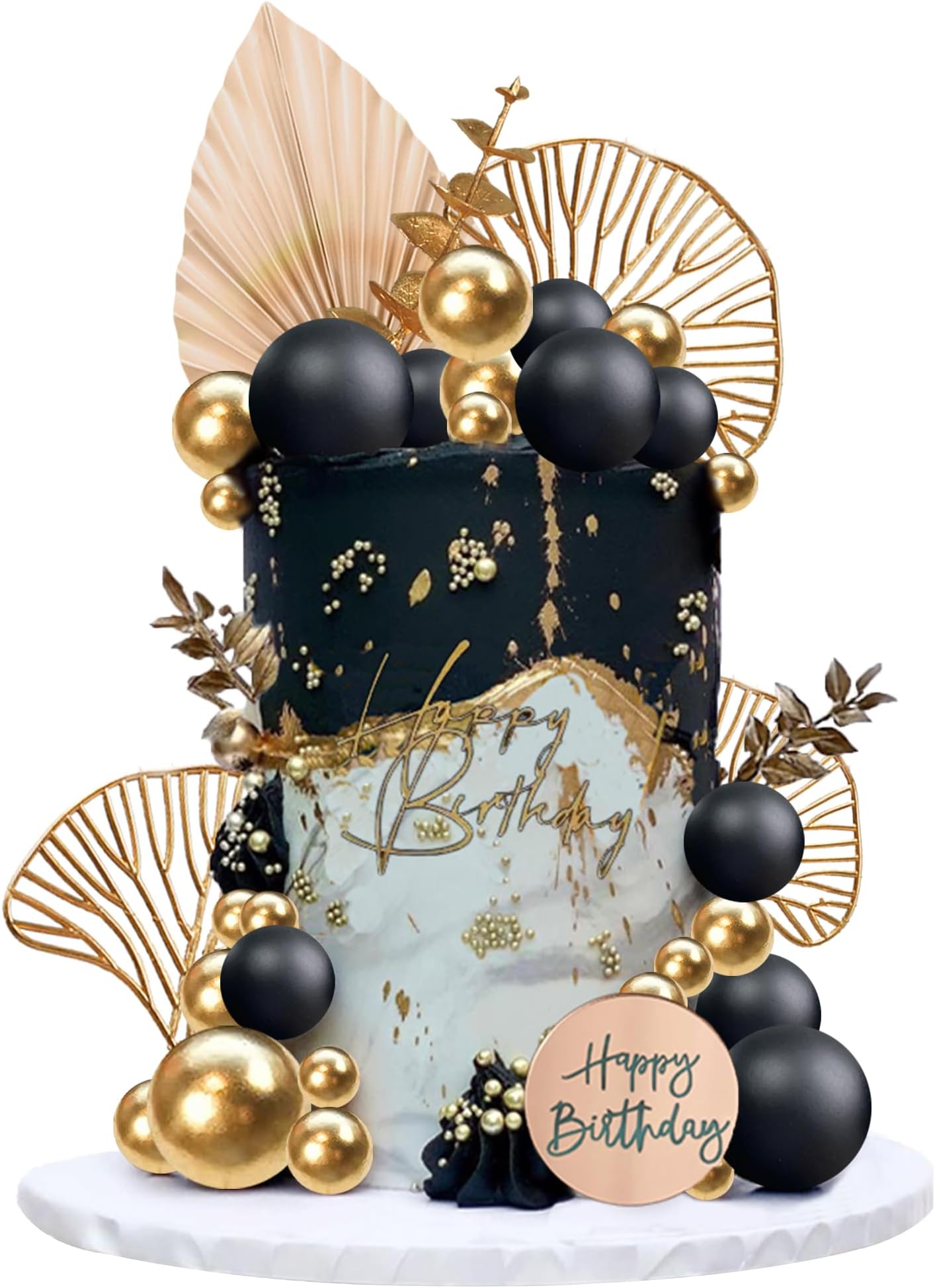 Boho Cake Topper Happy Birthday Cake Decorations with Balls Eucalyptus for Wedding Birthday Supplies (Black)