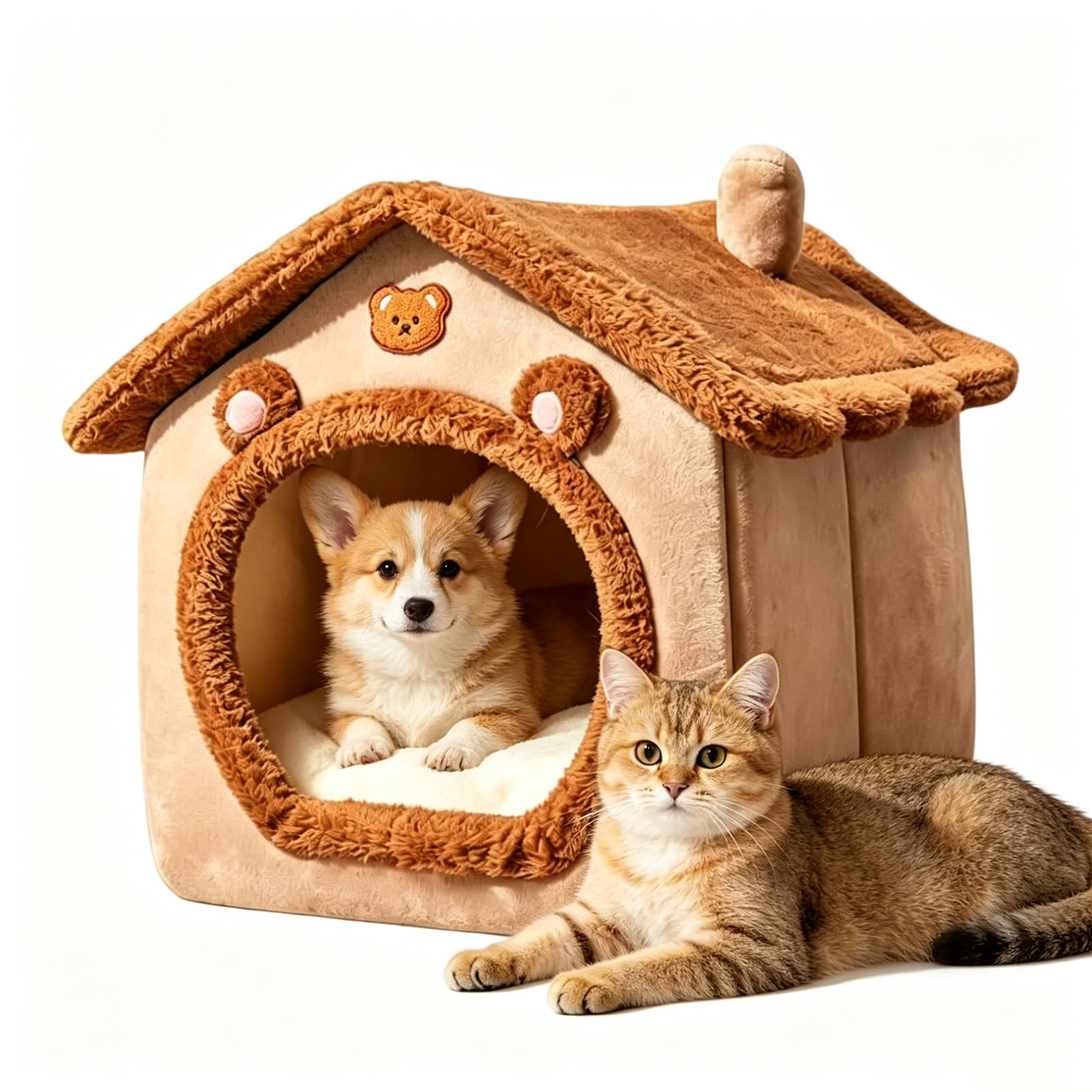 Bear Style Indoor Dog House Bed, Warm Enclosed Cave Dog Bed House