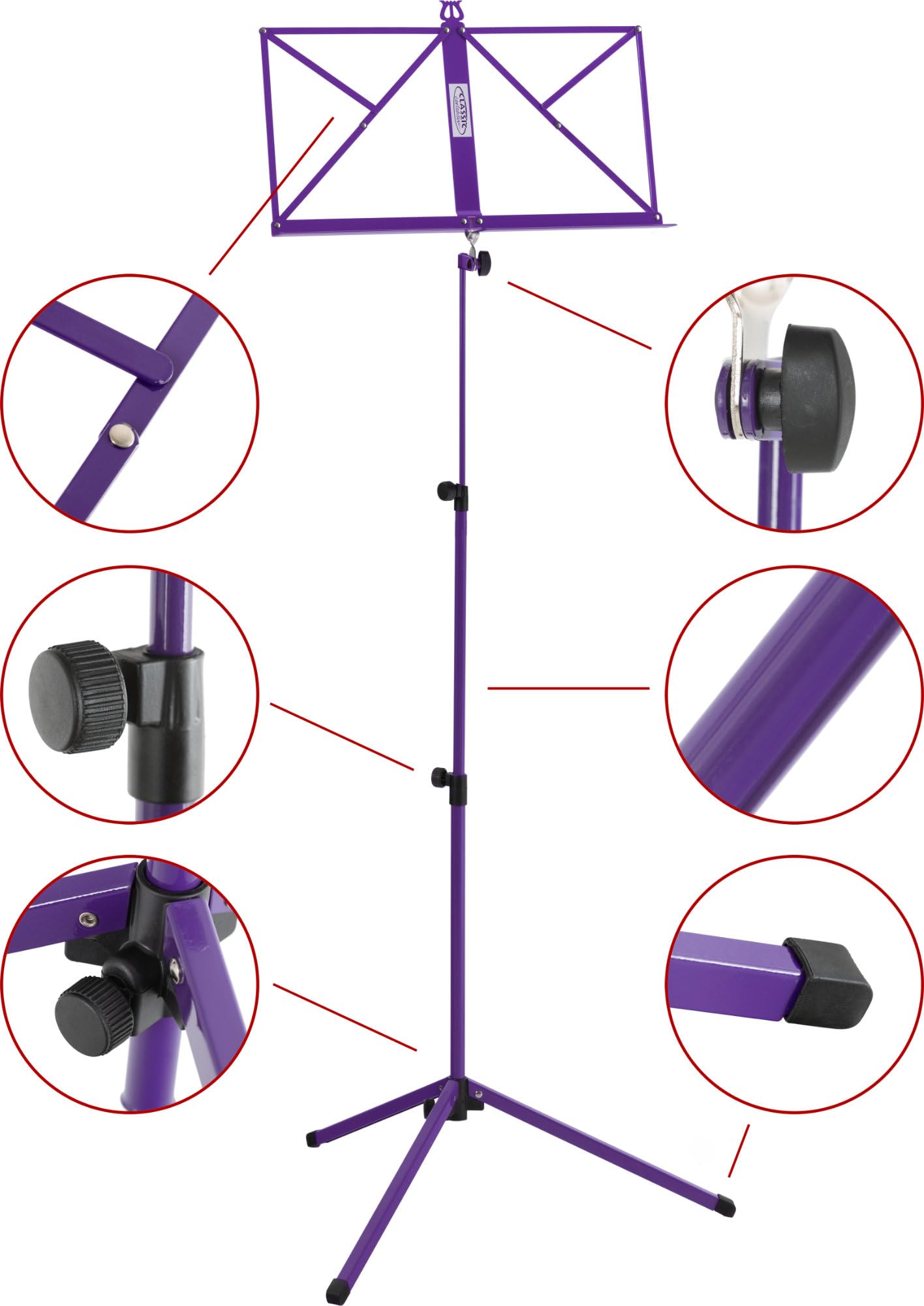 Classic Cantabile Notenständer Medium 10x Set - mittelschwere Ausführung - robuste Klemmschrauben - mit Haltebügel an der Auflageflächen - rutschfeste Gummifüße - Aufstellhöhe: 65-130 cm - Flieder