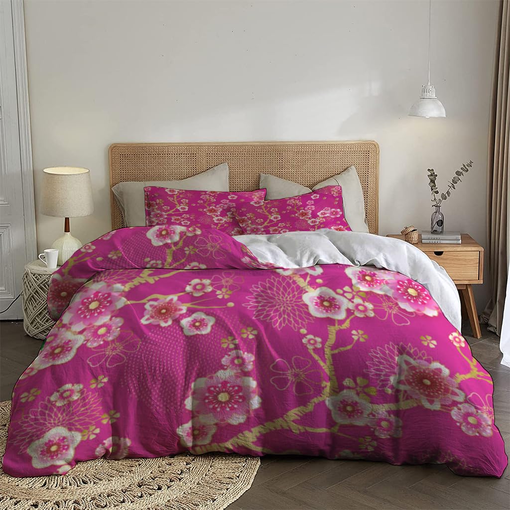 NIBAINLO 布団カバー中国風の梅が咲いたピンクの春の花柄 肌に優しい ピーチスキン加工 掛け布団カバー 和式 洋式 あったか 布団カバーセット リバーシブル ホームステイ ホテル 家庭兼用