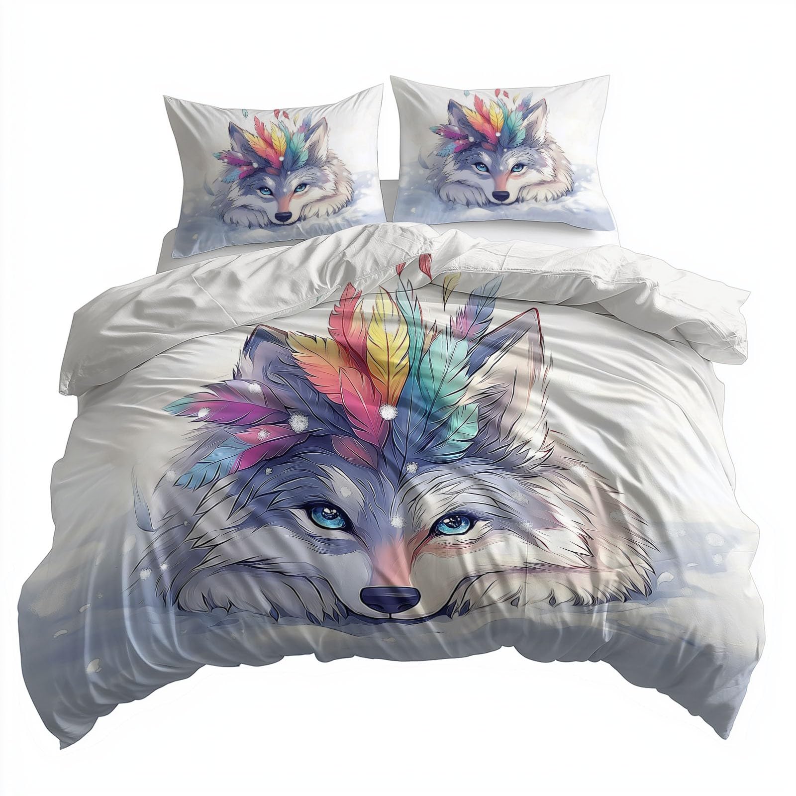 Dream Duvet Cover Kolorowe Wilk Pióra 3-Częściowa Pościel z Kości Słoniowej - Premium Mikrofibra Dwustronna Poszwa Na Kołdrę I Poszewki Na Poduszki - Zestaw poszewek na kołdrę 220 x 240 cm